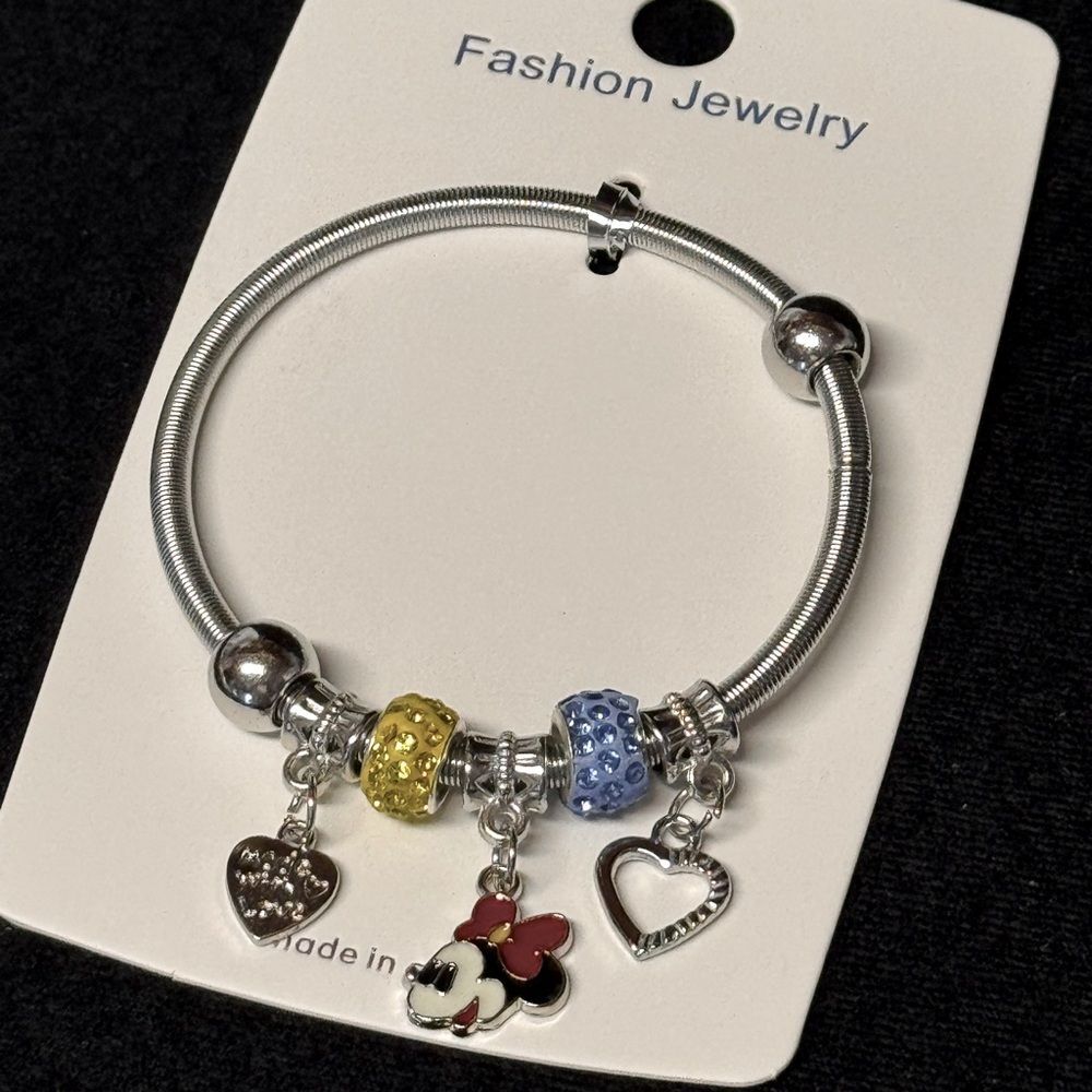 Fashion Jewelry Silver and Multicolored Minnie Charm Stretch Bracelet